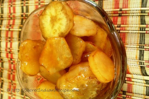 photo of ratalyache kaap ( sweet potato chips with jaggery)