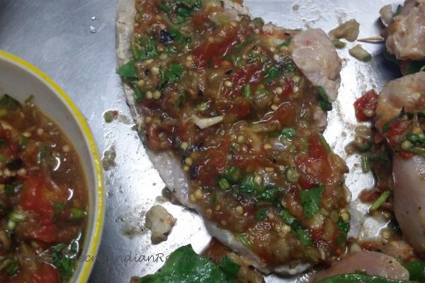 The roast mash is spread on the fillet. This is next rolled and secured with a toothpick.