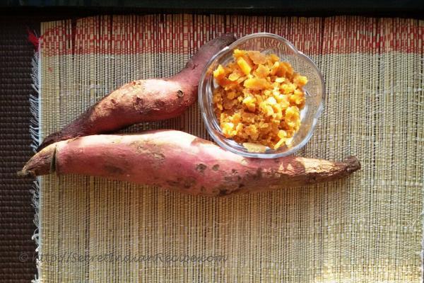 photo of ratalyache kaap ingredients ( sweet potato chips with jaggery)