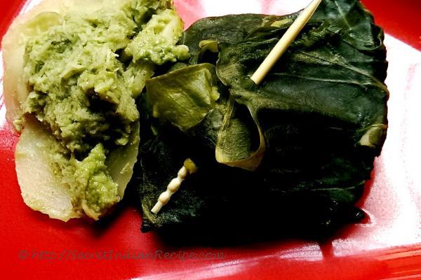photo of patrani aloo wraps (steamed spicy potato in colcassia wraps)