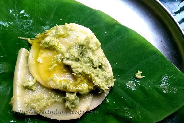 photo of patrani aloo wraps (steamed spicy potato in colcassia wraps)
