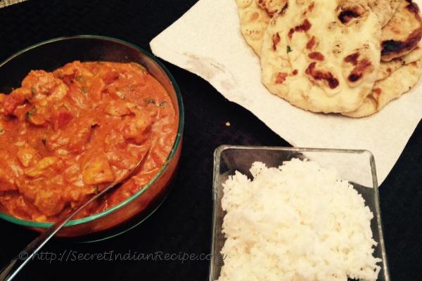 Tikka Masala, Garlic Naan, and Rice