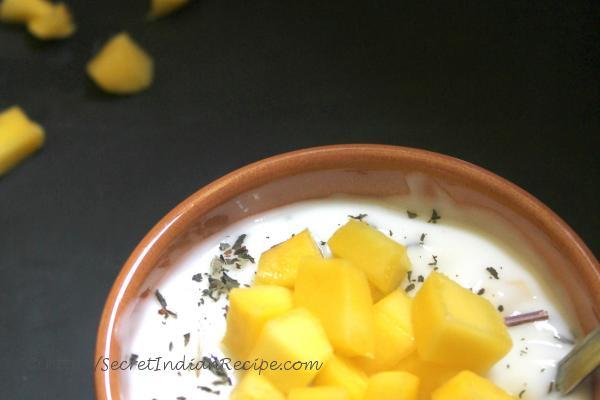 photo of minty mango raita (no cook mango mint yogurt dip)